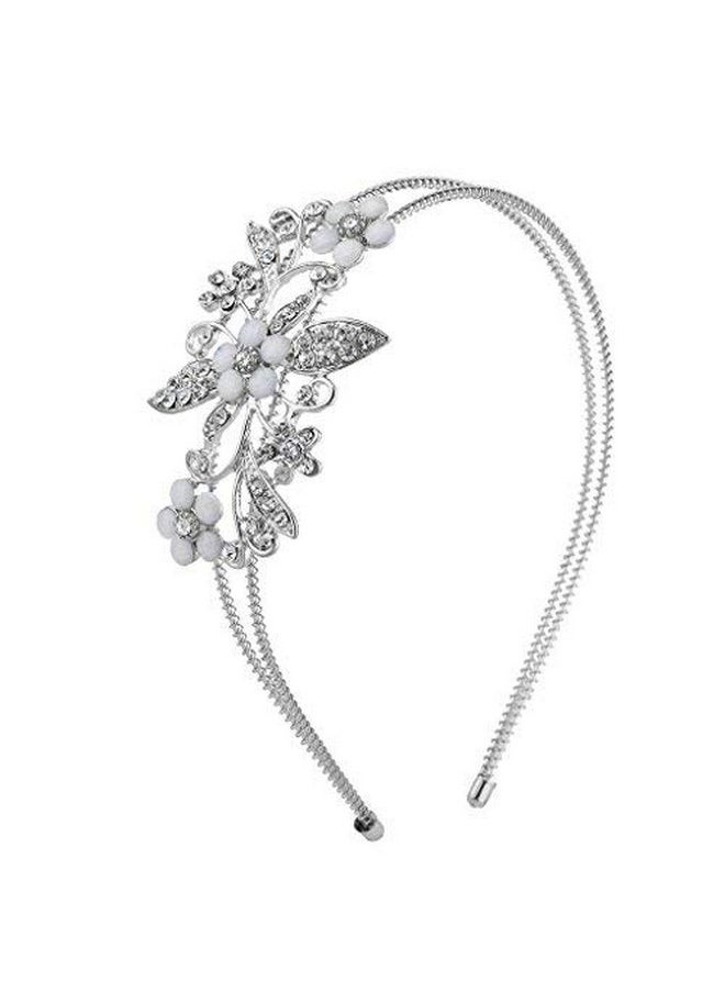 Lux Accessories Silver Tone Crystal Rhinestone White Flower Floral Coil Headband  - Image 3