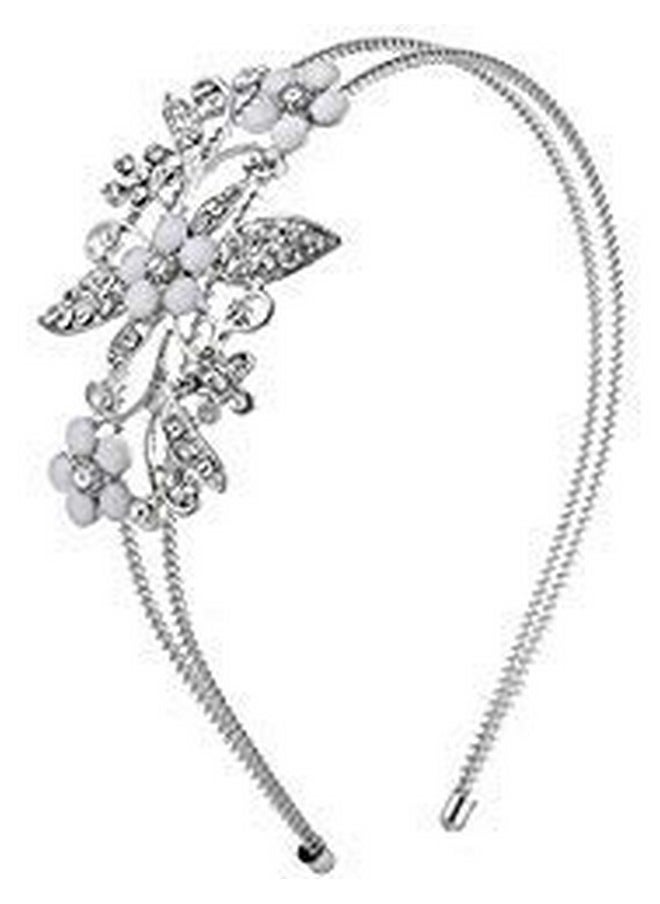 Lux Accessories Silver Tone Crystal Rhinestone White Flower Floral Coil Headband  - Image 2