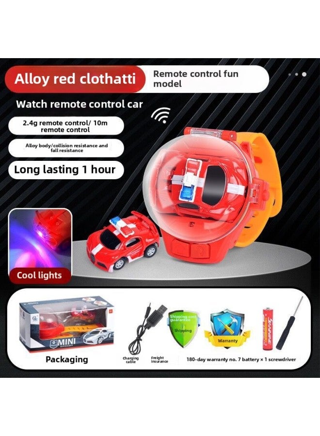 Mini Children's Watch Remote Control Car 2.4G Infrared Alloy Remote Control Car Toy English Outfit-Color:[2.4g Alloy] Red Police Car Cloth Plus  - Image 1