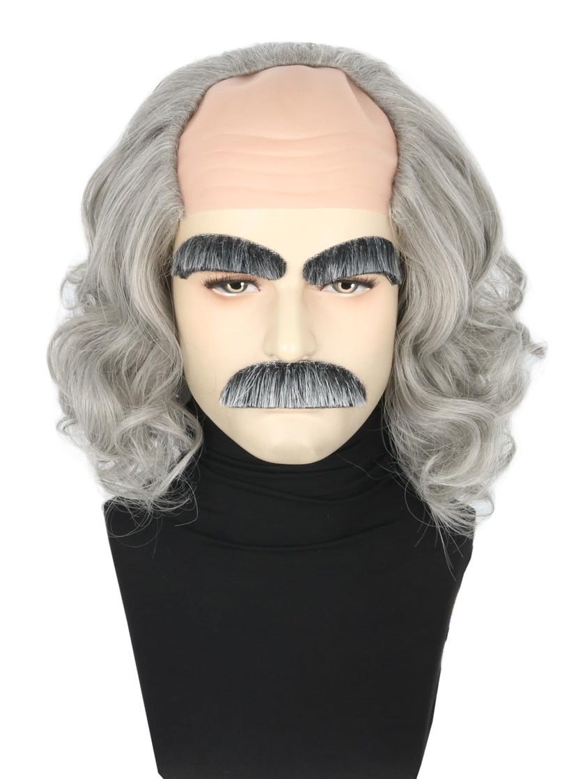 Topcosplay Topcosplay Mad Scientist Wig Old Man Wig Halloween Costume Bald Wigs With Moustache Eyebrows Colonial Wig 