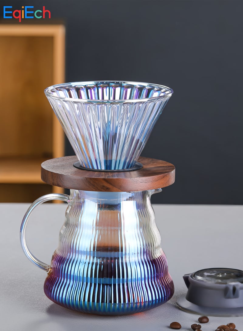 مجموعة ماكينة صنع القهوة V60 بور أوفر مكونة من 2 إبريق زجاجي بوروسيليكات 600 مل فلتر للتقطير القهوة (1-4 أكواب) مع قاعدة خشبية هدية للمنزل والمكتب والمقهى (ملونة)