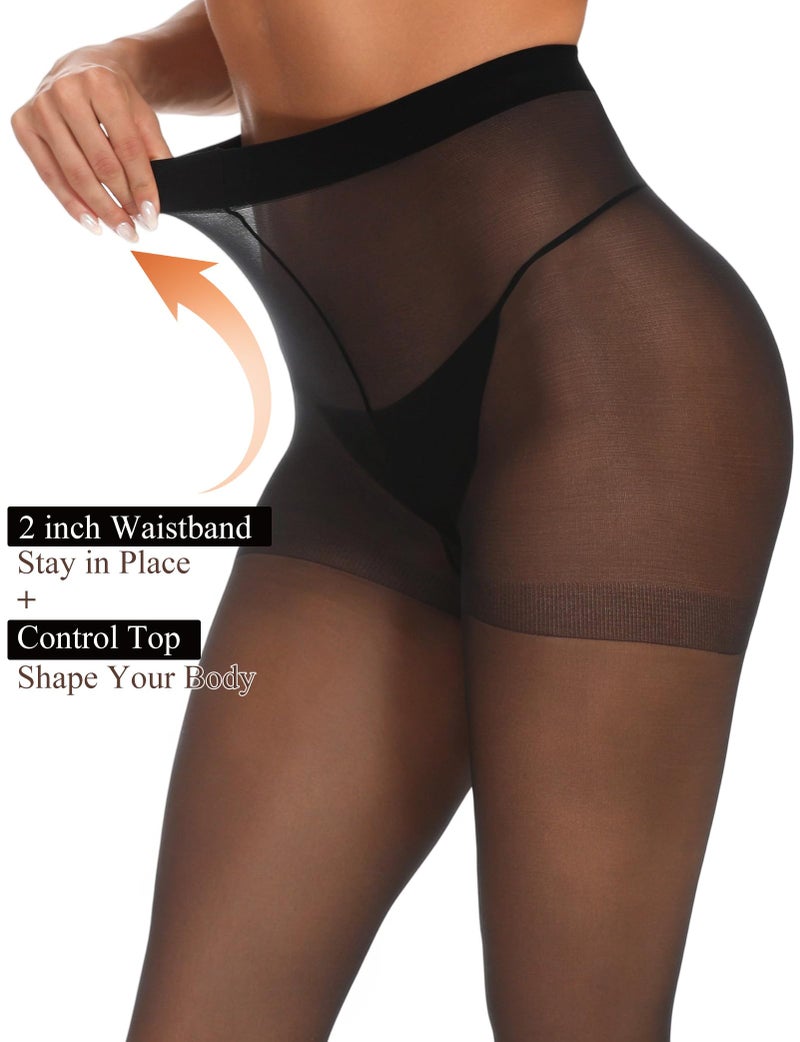 Buauty 4 Pack 20D Sheer Black Tights for Women Control Top Run Resistant Pantyhose Reinforced Toe Tummy Control Stockings S to Plus Size - Image 2