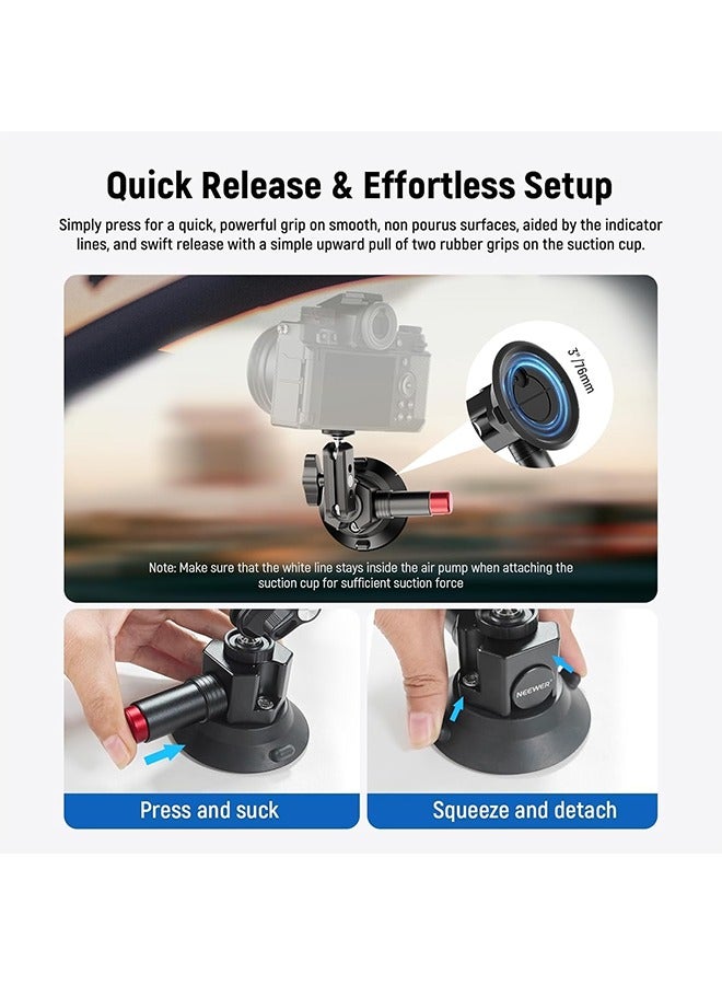 Neewer Neewer 3" Suction Cup Camera Mount Bracket with Ball Head Magic Arm, 1/4" ARRI Holes, Quick Release Car Mount with Phone Holder & Action Cam Adapter Compatible with iPhone DJI Insta360, CA104  - Image 3