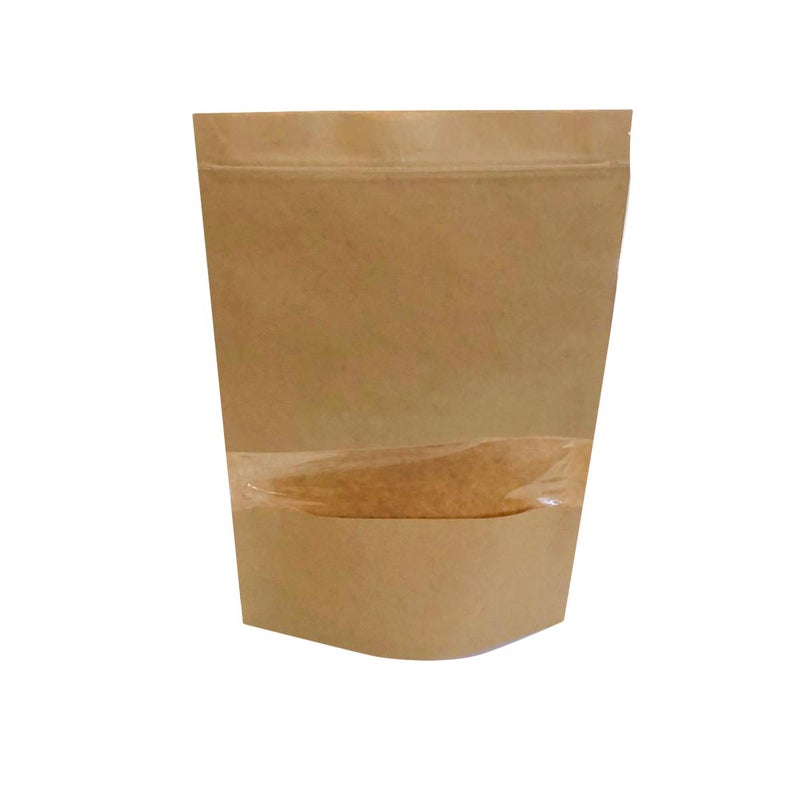 Flute Presents Eco Friendly Brown Kraft Paper Stand Pouch with Display Window Size 8x 13 Suitable for 1KG Packing Pack of 15 - Image 1