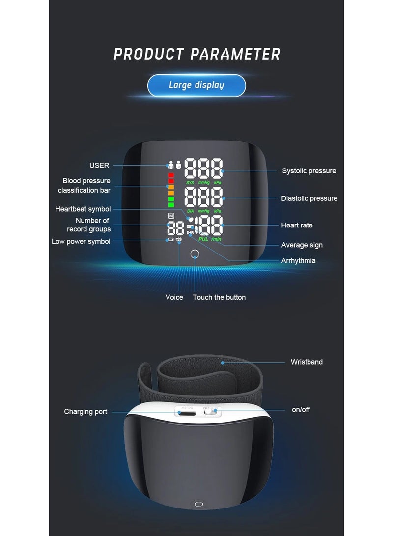 Houmt Professional Medical Wrist Blood Pressure Monitor, 3-Step Rapid Measurement with English Voice Announcement, Rechargeable 2x99 Reading Memory Wrist Blood Pressure Monitor with Large LED Display - Image 3