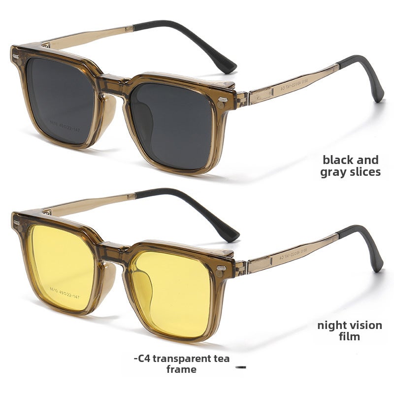 Generic Magnetic 3-in-1 Flip Sunglasses Unisex UV Protection C4 through tea frame + tea edge black Gray + night vision 