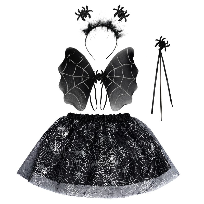 Yolyoo Halloween Spider Wings & Skirt Set with Headband & Magic Wand - Black & Silver Spider Webs Costume Tutu Skirt for Dress Up & Cosplay - Image 1