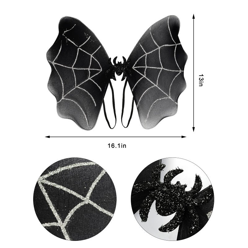 Yolyoo Halloween Spider Wings & Skirt Set with Headband & Magic Wand - Black & Silver Spider Webs Costume Tutu Skirt for Dress Up & Cosplay - Image 2