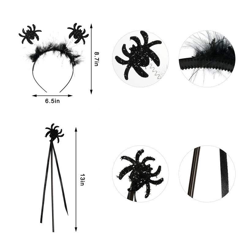 Yolyoo Halloween Spider Wings & Skirt Set with Headband & Magic Wand - Black & Silver Spider Webs Costume Tutu Skirt for Dress Up & Cosplay - Image 4