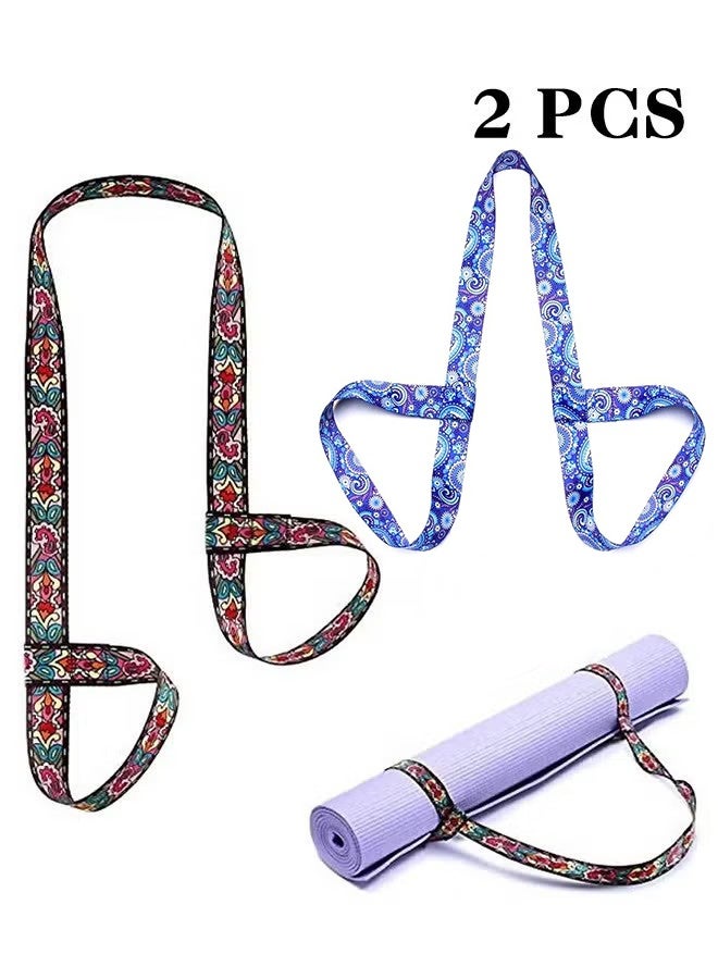 واي جيه 2 قطعة خمر طباعة اليوغا حصيرة حزام حبال ، قابل للتعديل سميكة اليوغا حصيرة الناقل تمتد حزام ، اليوغا حصيرة حبال حامل المرأة تمتد الفرقة الملونة - Image 1