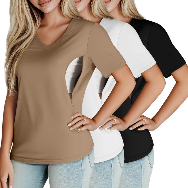 Huukeay 3 Pack Womens Maternity Nursing Tops Hidden Zippers Breastfeeding Clothes V Neck Short Sleeve Pregnancy Shirts TeesBlackWhiteKhakiXLarge