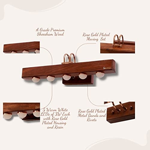 Green House 100% Handmade Sheesham Wood Picture Light/Melamine Coated/15W/Warm White/5 LED's of 3W Each/Resin Bottom/Rose Gold Plated Metal Bands/Brass Moving Set & Rivets/Home/Office Decor - Image 3