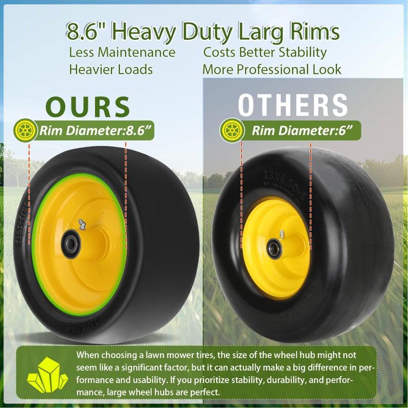 Iococee 2 Pcs 13x6.50-6 Lawn Mower Tires Flat Free with 3/4" 1/2" 5/8" Chrome Steel Bearings, 13x6.50-6 Zero Turn Mower Front Tires, 13x6.5-6 Flat Free Lawn Tires for Commercial Grade, 5.5"-7.5" Centered Hub - Image 4