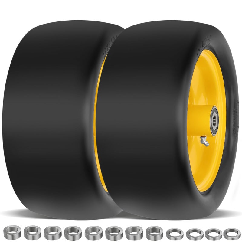 Iococee 2 Pcs 13x6.50-6 Lawn Mower Tires Flat Free with 3/4" 1/2" 5/8" Chrome Steel Bearings, 13x6.50-6 Zero Turn Mower Front Tires, 13x6.5-6 Flat Free Lawn Tires for Commercial Grade, 5.5"-7.5" Centered Hub - Image 1