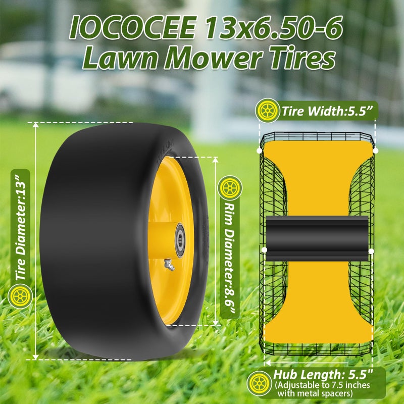 Iococee 2 Pcs 13x6.50-6 Lawn Mower Tires Flat Free with 3/4" 1/2" 5/8" Chrome Steel Bearings, 13x6.50-6 Zero Turn Mower Front Tires, 13x6.5-6 Flat Free Lawn Tires for Commercial Grade, 5.5"-7.5" Centered Hub - Image 2
