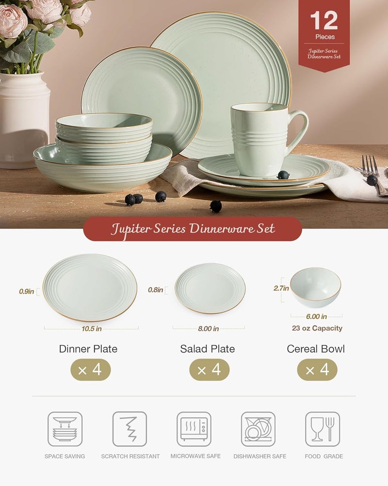 Famiware Jupiter Dinnerware Set Plates and Bowls Dish Sets for 4 12 Pieces Microwave and Dishwasher Safe Stoneware Tableware Chip and Scratch Resistant Light Green - Image 2
