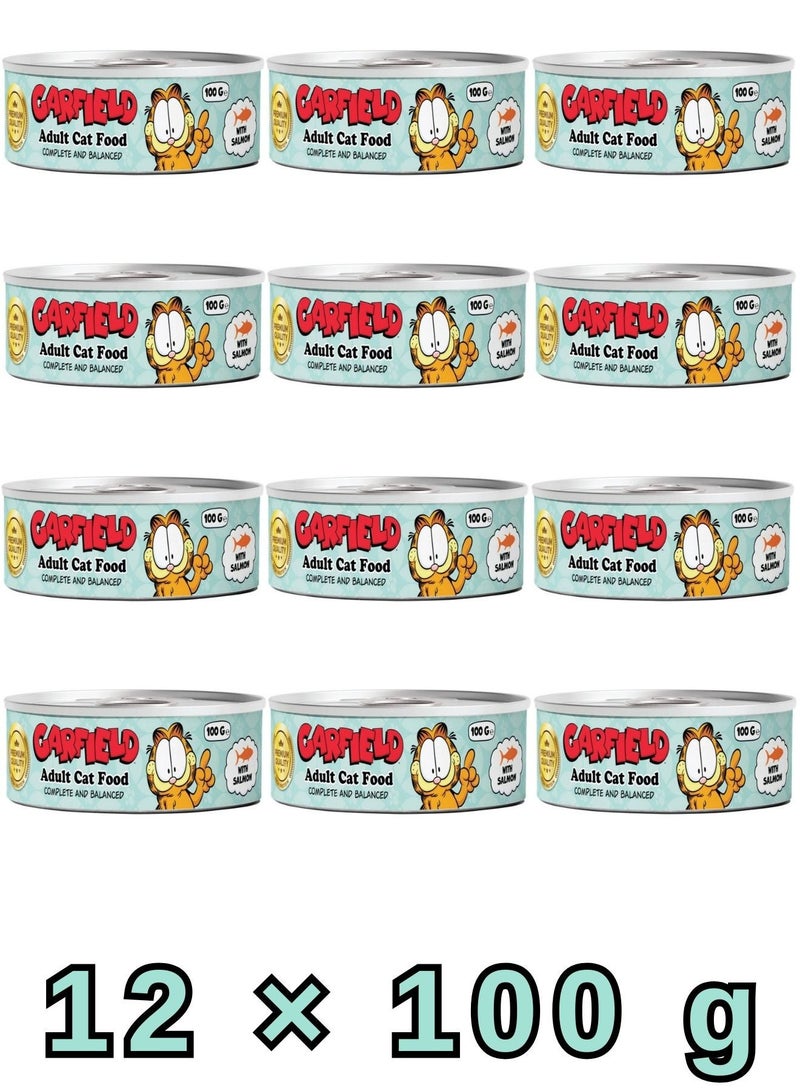 Garfield | Wet Food for Adult Cats with Salmon Flavor 100 g × 12 Pcs| Complete High Protein Nutrition with Omega Fatty Acids | Supports Skin Coat and Digestive Health | Soft Moist Texture. - Image 1