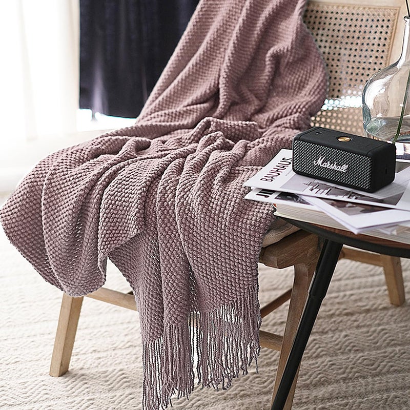 LOMAO Knitted Throw Blanket with Tassels Bubble Textured Lightweight Throws for Couch Cover Home Decor Brownish Pink 50x60