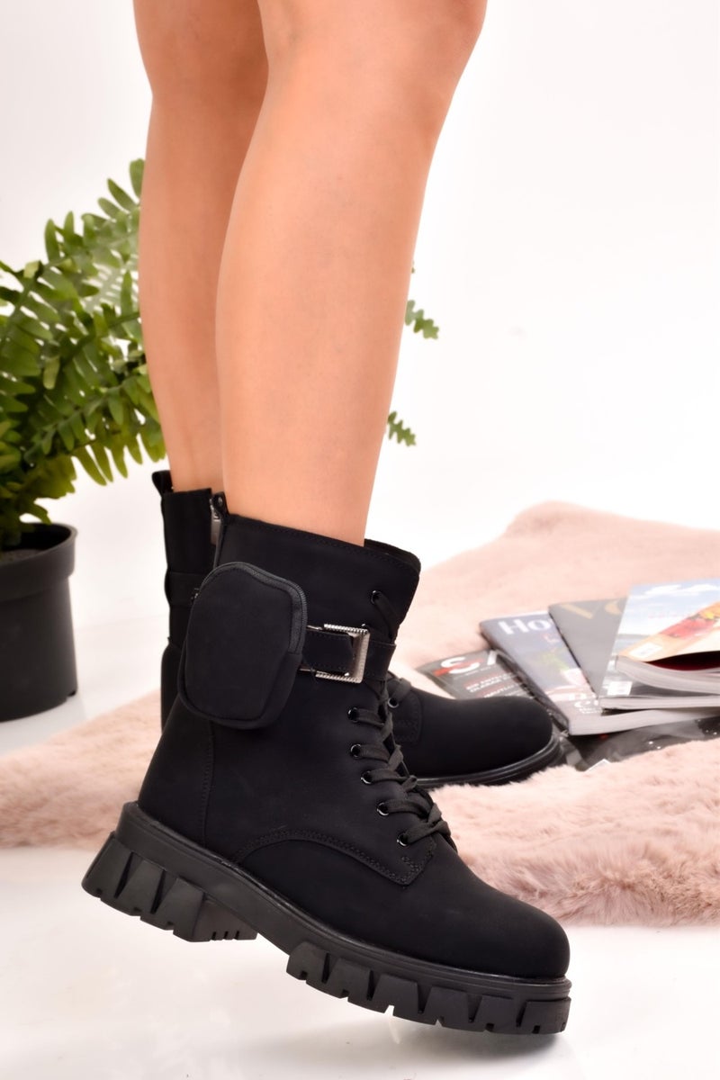 ModaOnn Women's Black Pocket Bag Boot Lace-up and Zipper Boots  - Image 1