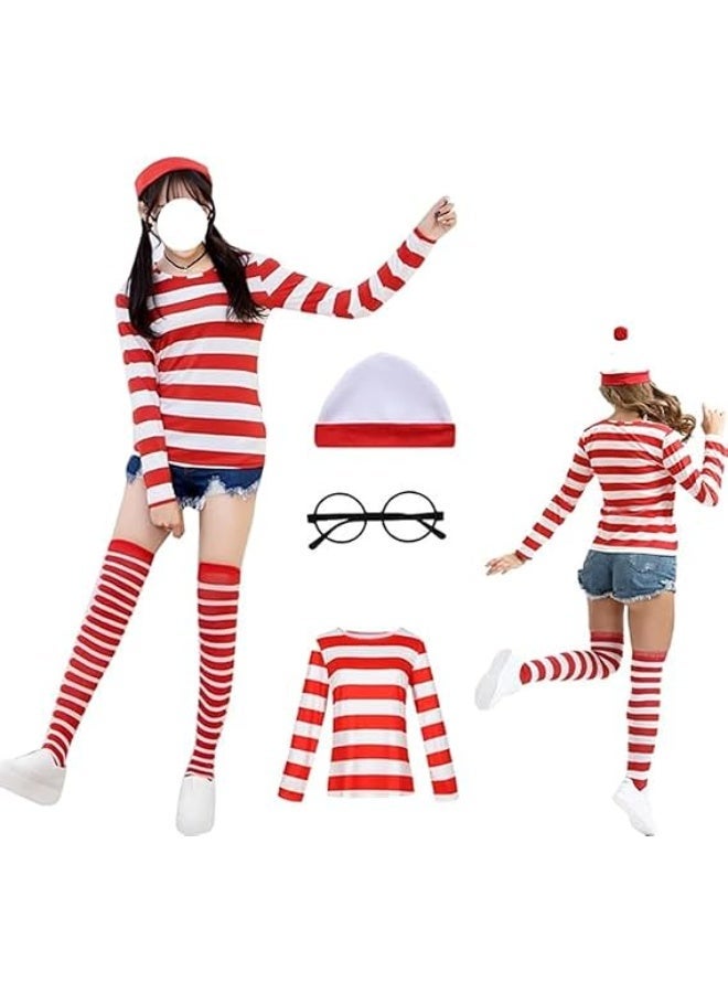 BrainGiggles Adult Red White Striped Wally Style Costume with Hat Glasses and Socks | Christmas Halloween Festive Dress Up Outfit - Image 2