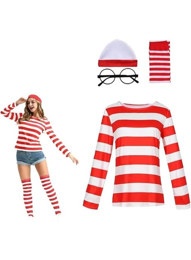 BrainGiggles Adult Red White Striped Wally Style Costume with Hat Glasses and Socks | Christmas Halloween Festive Dress Up Outfit - Image 1