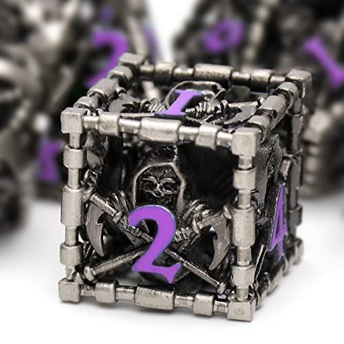 HNCCESG Hollow Grim Reaper Metal DND Dice Set7Piece Polyhedral RPG Dice3D Hollow Skeleton Design Purple Numbers - Image 1
