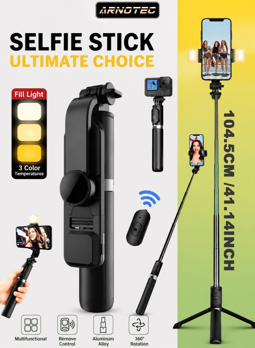 ARNOTEC 41.14inches(104.5cm) Selfie Stick Tripod with Beauty Lights and Detachable Bluetooth Wireless Remote -Black