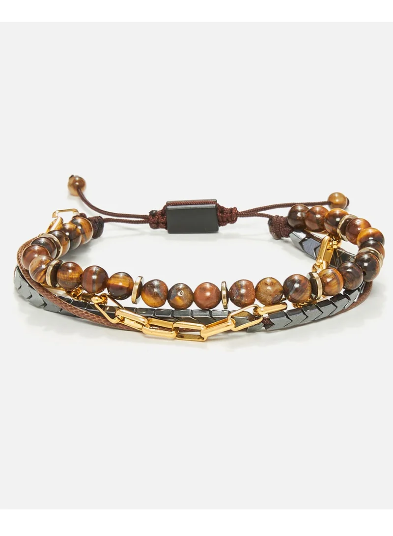 CHRYSOSTOMOS Handmade Multiline Adjustable Bracelet for Men with Brown Tigerâ€™s Eye Stones