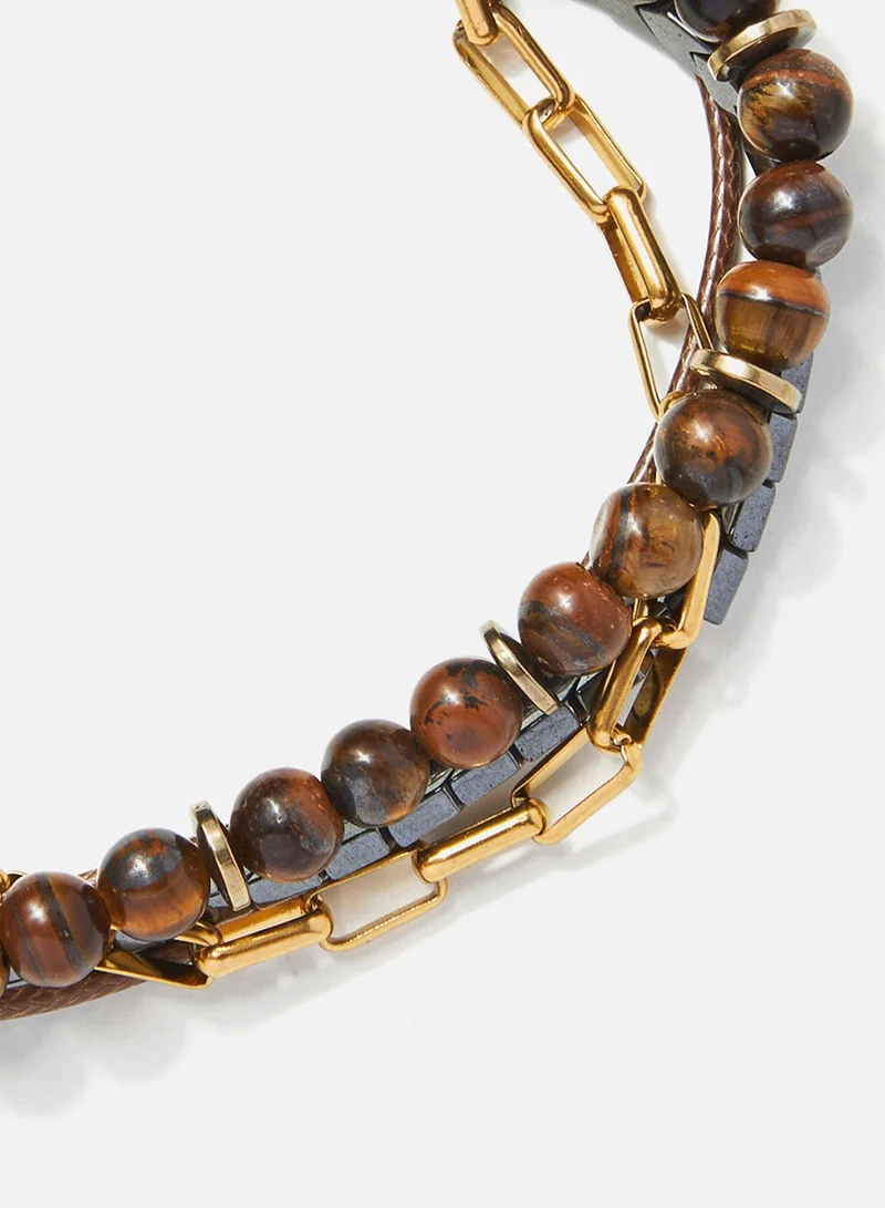 CHRYSOSTOMOS Handmade Multiline Adjustable Bracelet for Men with Brown Tigerâ€™s Eye Stones