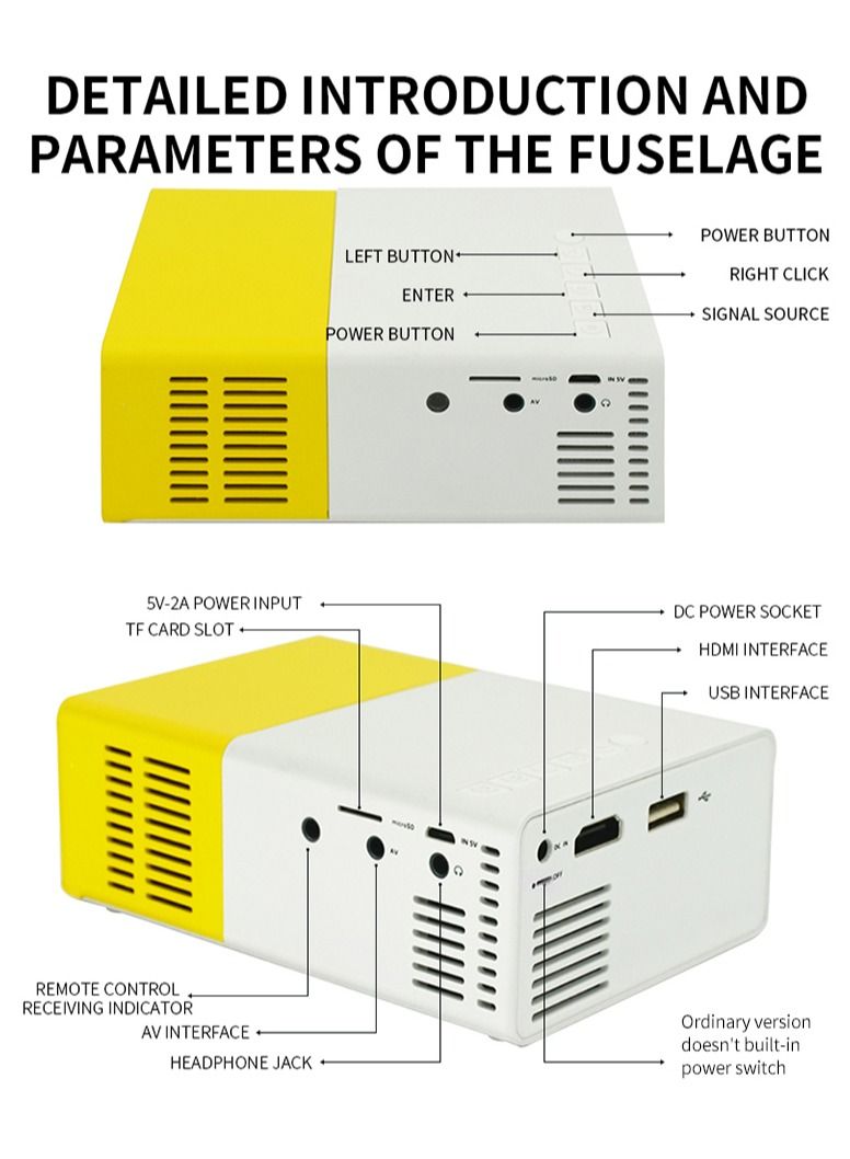 بروجيكتور LED ميني YG300: 480x272 بكسل، يدعم 1080P، متوافق مع HDMI، صوت USB، مشغل فيديو منزلي محمول - Image 2