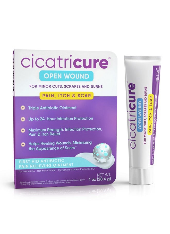 CICATRICURE Open Wound Triple Antibiotic Ointment With Pain Relief, First Aid Antibacterial To Prevent Infection And Relieve Pain Of Minor Cuts, Burns And Scrapes. Topical Antibacterial Ointment -1 Oz  - Image 1