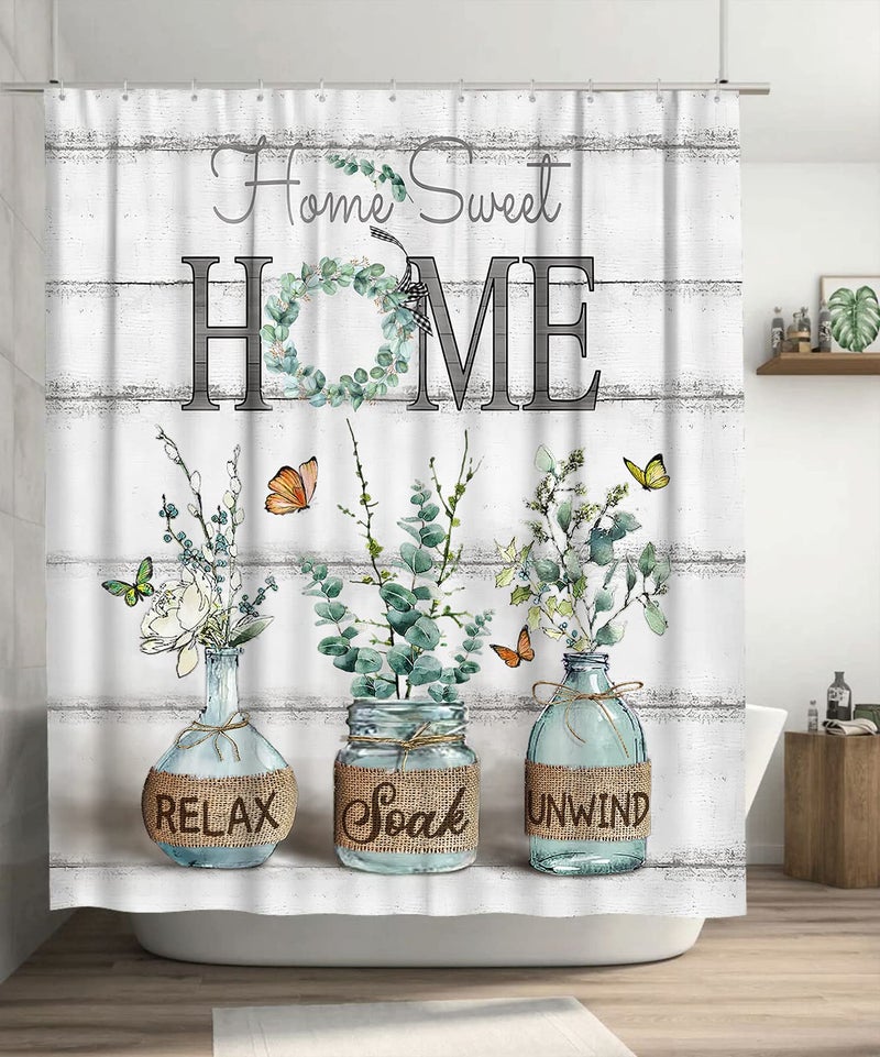 Tijuboni Farmhouse Shower Curtain Green Eucalyptus Shower Curtains for Neutral Country Bathroom Decor Rustic Butterfly Botanical Shower Curtain Set Waterproof Polyester Fabric 60 x 72 Inch - Image 1