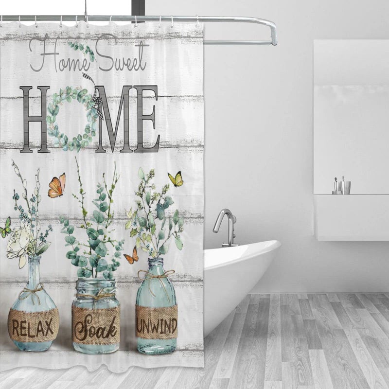Tijuboni Farmhouse Shower Curtain Green Eucalyptus Shower Curtains for Neutral Country Bathroom Decor Rustic Butterfly Botanical Shower Curtain Set Waterproof Polyester Fabric 60 x 72 Inch - Image 3
