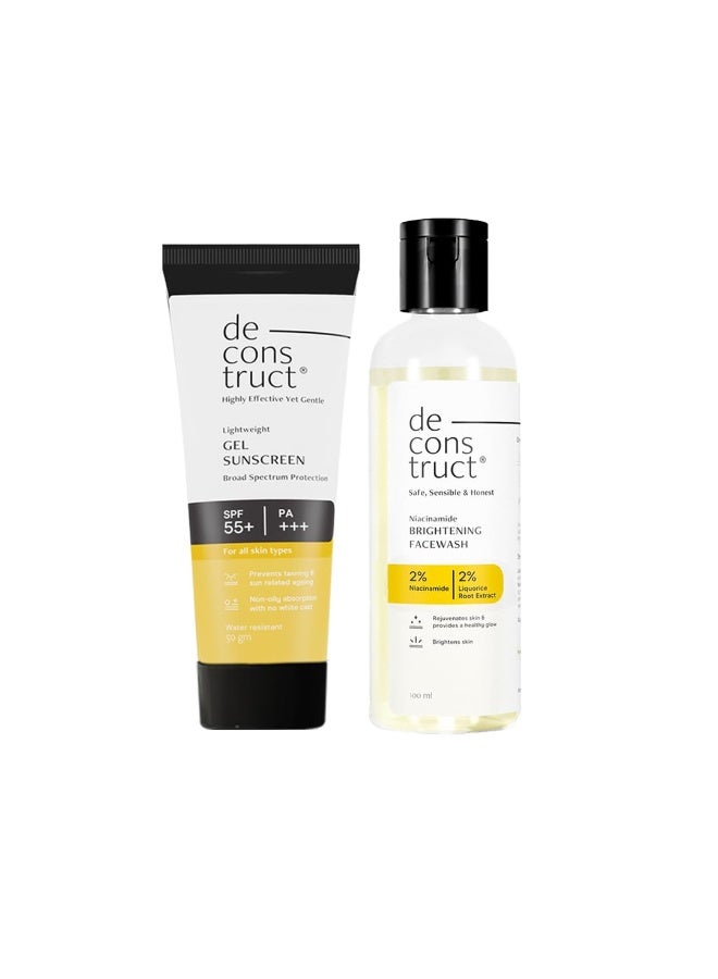 Deconstruct Radiance & Defense Combo: Face Wash for Skin Brightening & Gel Sunscreen for Sun Protection | Brightening Face Wash (100ml) + Gel Sunscreen (50g) | No White Cast & Lightweight | Pack of 2 - Image 1