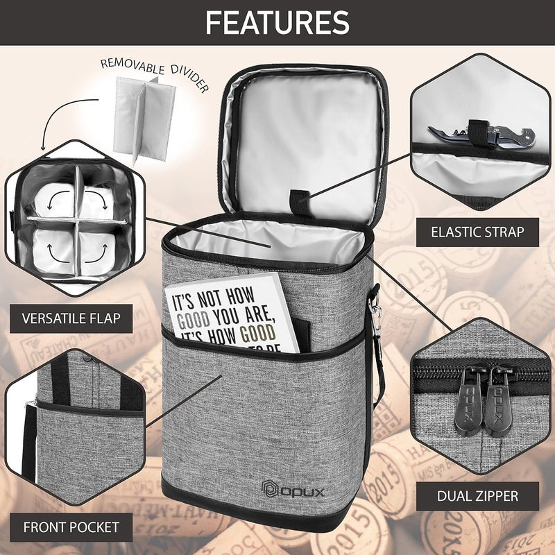 OPUX 4,6 Bottle Wine Bag Tote Carrier | Leakproof Insulated Wine Cooler Bag for Travel, BYOB, Picnic | Padded Portable Wine Bottle Bag for Dinner Party, Christmas Gift for Wine Lovers, Women, Men - Image 4