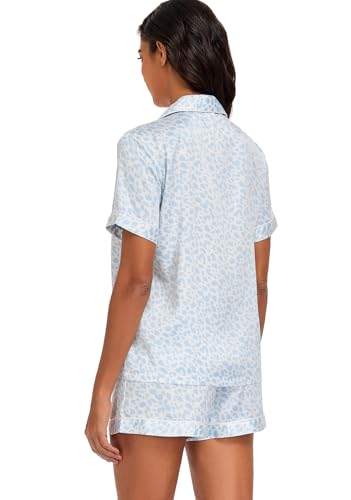Serenedelicacy Women's Satin Pajama Set 2-Piece Sleepwear Loungewear Button Down Short Sleeve Silky PJ Set (Small, Light Blue, Leopard) - Image 2