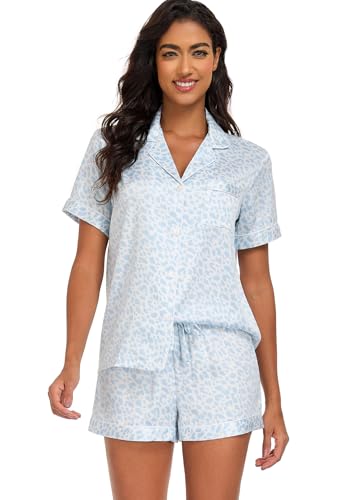 Serenedelicacy Women's Satin Pajama Set 2-Piece Sleepwear Loungewear Button Down Short Sleeve Silky PJ Set (Small, Light Blue, Leopard) - Image 5