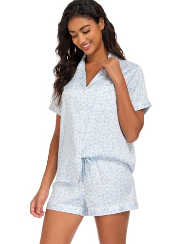 Serenedelicacy Women's Satin Pajama Set 2-Piece Sleepwear Loungewear Button Down Short Sleeve Silky PJ Set (Small, Light Blue, Leopard) - Image 3