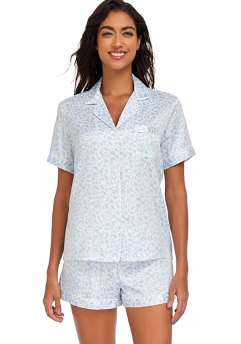 Serenedelicacy Women's Satin Pajama Set 2-Piece Sleepwear Loungewear Button Down Short Sleeve Silky PJ Set (Small, Light Blue, Leopard) - Image 1