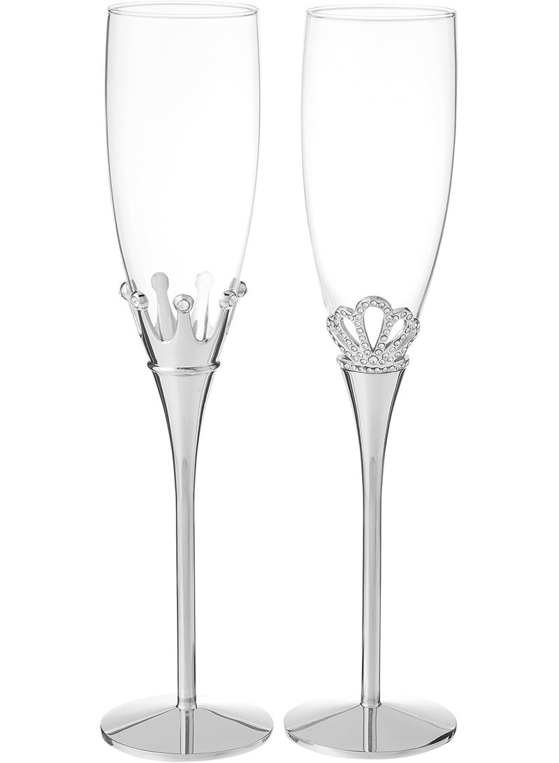 Hortense B. Hewitt Wedding/Anniversary Nickel-Plated and Glass Champagne Toasting Flutes, King and Queen, Set of 2