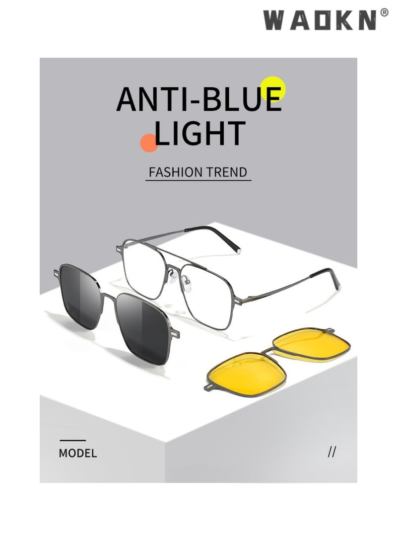 دبليو أيه أو كي أن مجموعة نظارات شمسية مغناطيسية مستقطبة للرجال والنساء نظارات طبية مربعة للحماية من الأشعة فوق البنفسجية مستقطبة ، نظارات شمسية مغناطيسية مزدوجة الشعاع 2 في 1 متوافقة مع إطار نظارات قصر النظر - Image 2