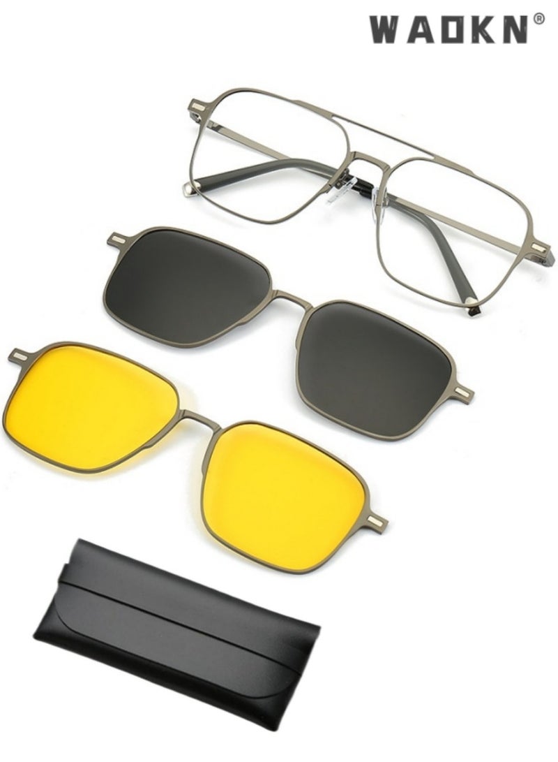دبليو أيه أو كي أن مجموعة نظارات شمسية مغناطيسية مستقطبة للرجال والنساء نظارات طبية مربعة للحماية من الأشعة فوق البنفسجية مستقطبة ، نظارات شمسية مغناطيسية مزدوجة الشعاع 2 في 1 متوافقة مع إطار نظارات قصر النظر - Image 1