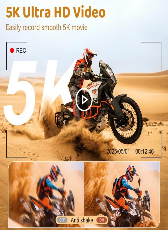 كاميرا تصوير رقمية بدقة 5K، 75 ميجابكسل، مزودة بتقنية واي فاي، كاميرا فيديو قصيرة، شاشة قابلة للطي 180 درجة بحجم 3 بوصات، ضبط تلقائي للصورة، تكبير بصري 18x، كاميرا فيديو قصيرة محمولة للسفر (تتضمن مصدر طاقة مزدوج + بطاقة ذاكرة 32 جيجابايت)، لون أسود - Image 3