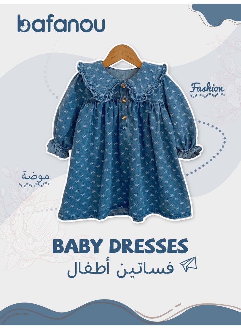 Bafanou Newborn Girls Baby Spring Infant Cowboy Dresses Bow Jacquard Denim Clothes  - Image 1