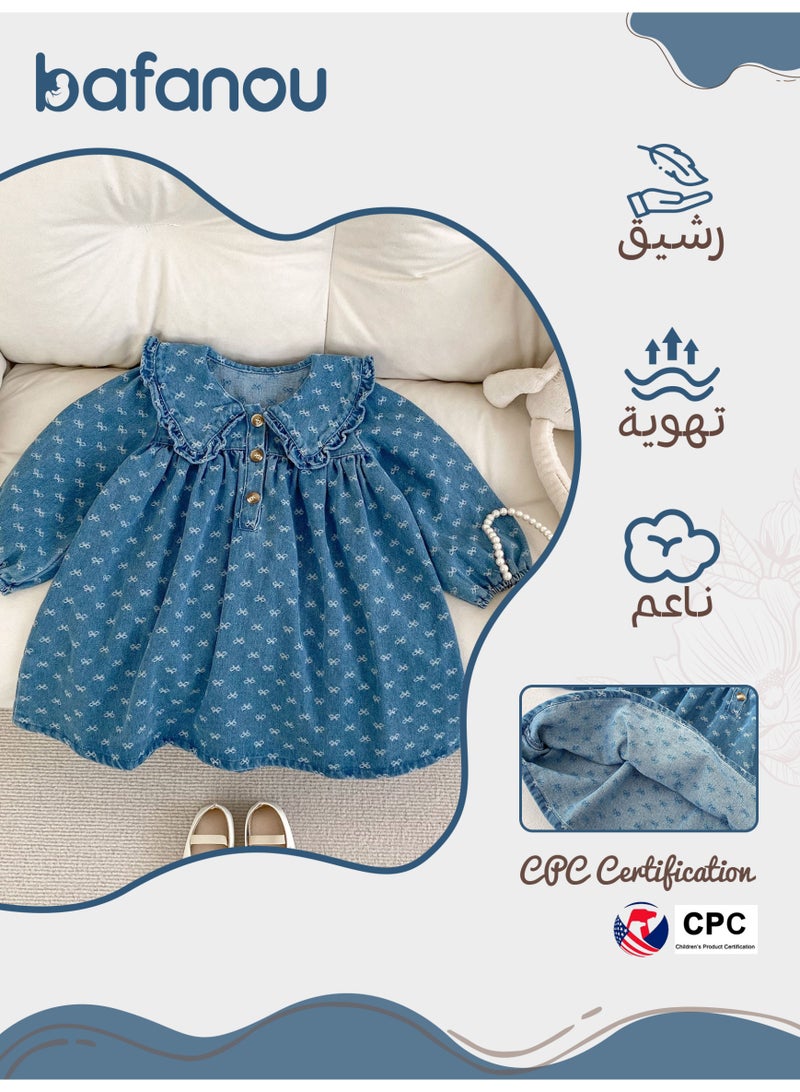 Bafanou Newborn Girls Baby Spring Infant Cowboy Dresses Bow Jacquard Denim Clothes  - Image 2