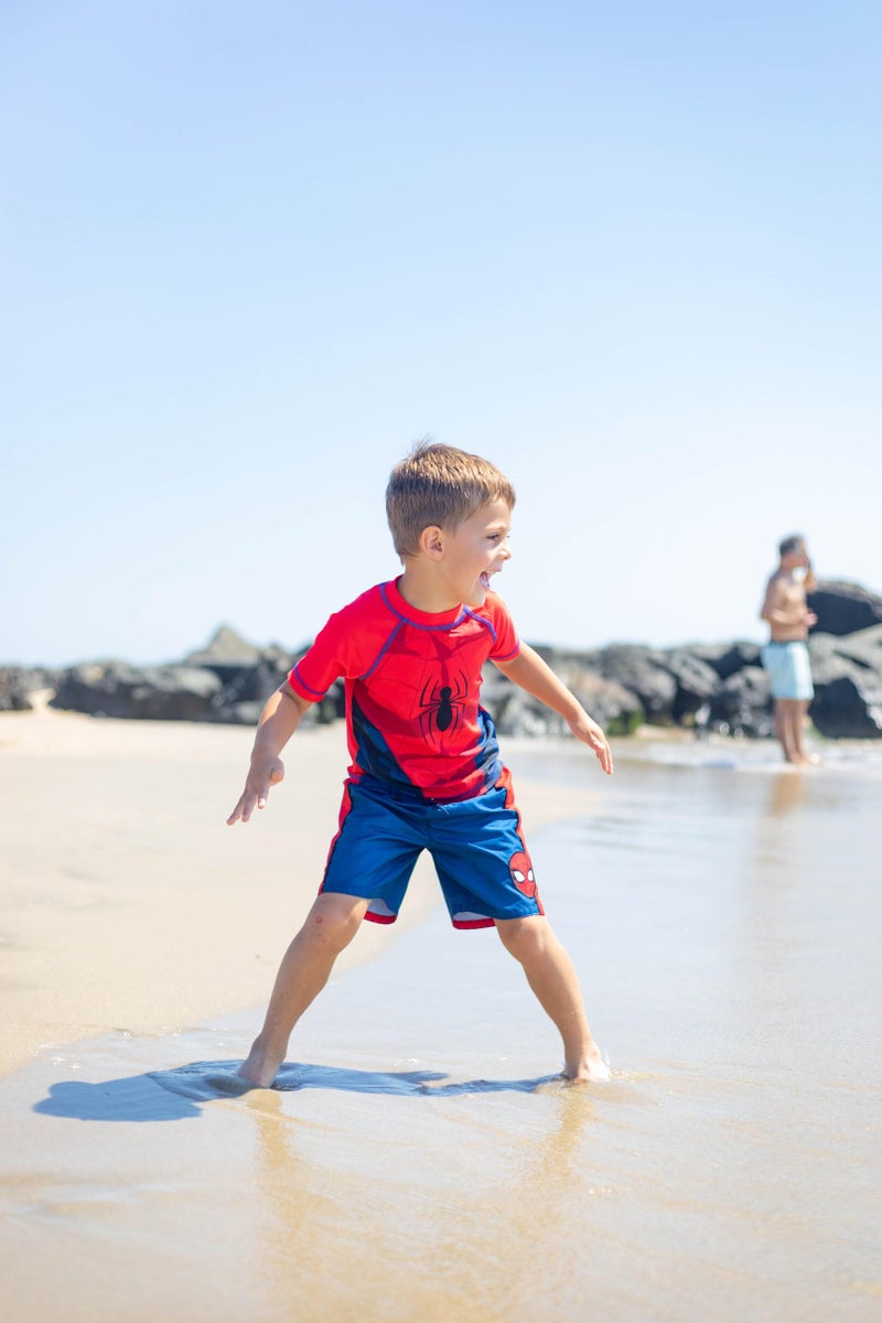 Marvel Spider-Man Little Boys UPF 50+ Cosplay Rash Guard & Swim Trunks Outfit Set Red/Blue 5-6 - Image 4