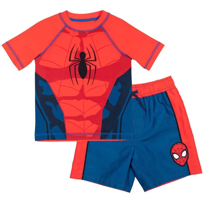 Marvel Spider-Man Little Boys UPF 50+ Cosplay Rash Guard & Swim Trunks Outfit Set Red/Blue 5-6 - Image 1