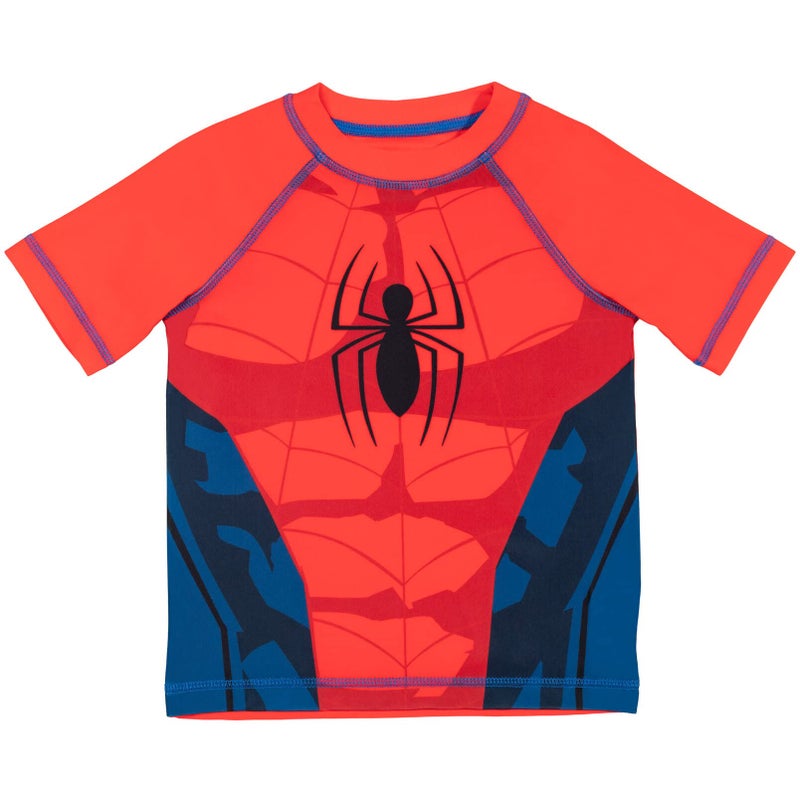 Marvel Spider-Man Little Boys UPF 50+ Cosplay Rash Guard & Swim Trunks Outfit Set Red/Blue 5-6 - Image 3