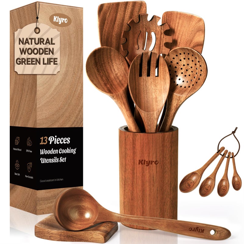 KLYRO Wooden Spoons for Cooking, Nonstick Kitchen Utensils Set with 4 Piece Measuring Spoons, Comfort Grip Wooden Spatula Set, 9 Piece Teak Wooden Cooking Utensils with Holder and Spoon Rest - Image 1