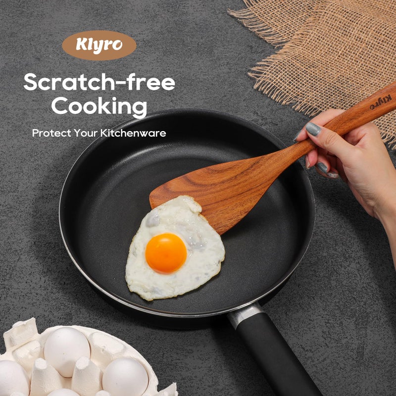 KLYRO Wooden Spoons for Cooking, Nonstick Kitchen Utensils Set with 4 Piece Measuring Spoons, Comfort Grip Wooden Spatula Set, 9 Piece Teak Wooden Cooking Utensils with Holder and Spoon Rest - Image 4